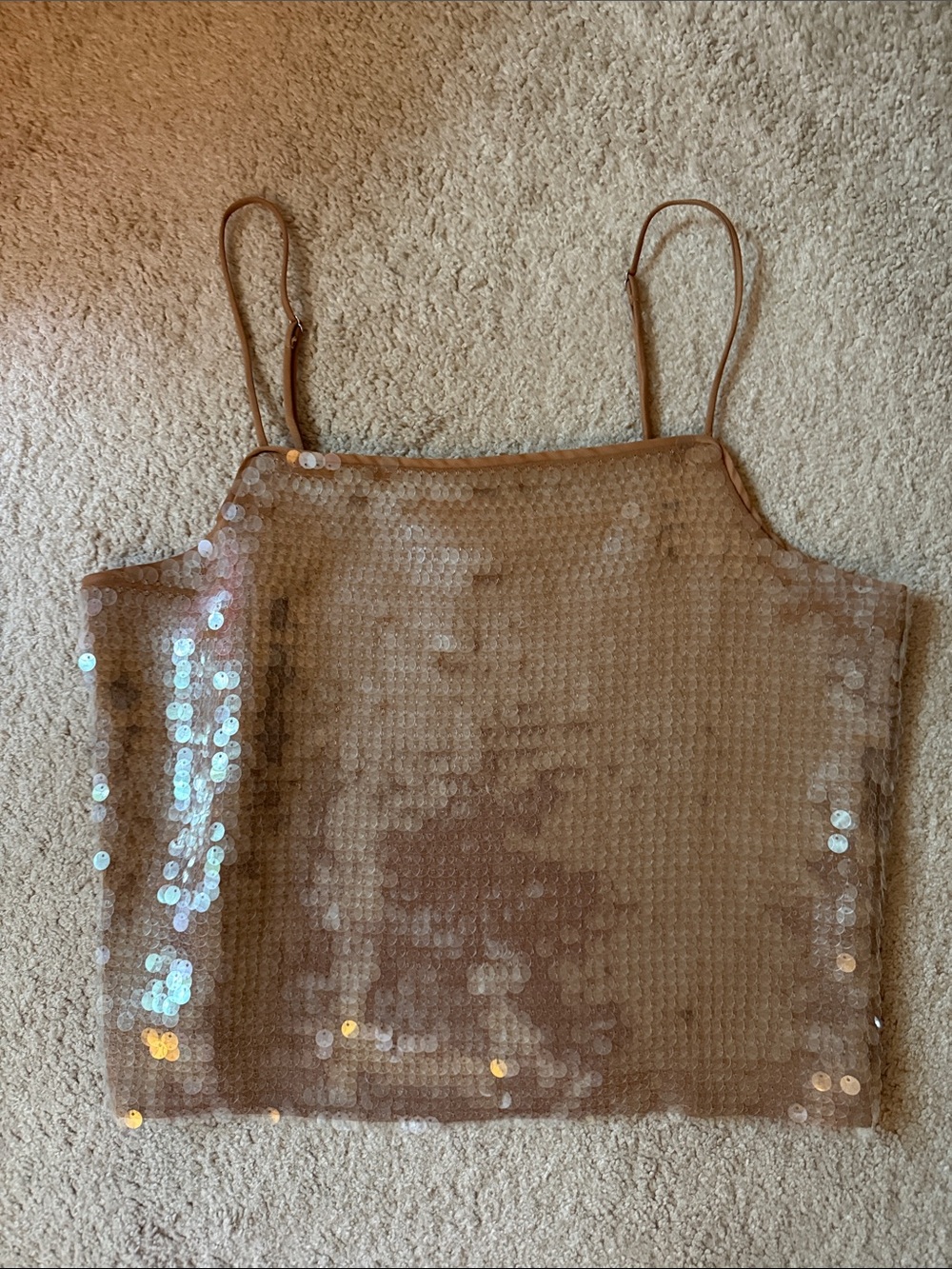 Madewell Sequin Spaghetti Strap Crop Top - Nude/Champagne